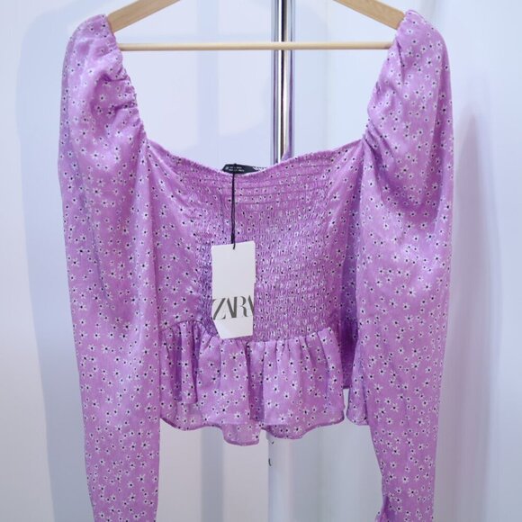 ZARA Lilac Floral Ruched Peplum Top , Size Medium NWT - Picture 9 of 9